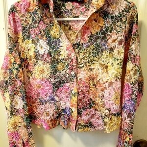 Vintage Anne Klein 11 Multicolor Pastel Floral Lace Button Down Shirt Vtg Sz 4